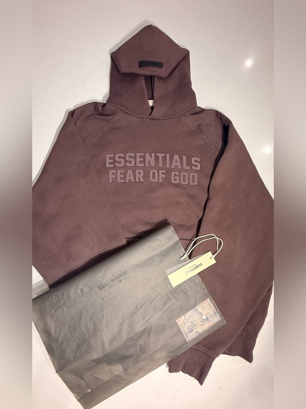 Fear of God Essentials Hoodie Medium Plum Pullover OG Tag Zip Bag Used